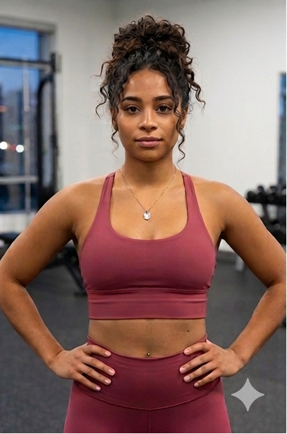 Woman in maroon athletic wear standing in a gym setting